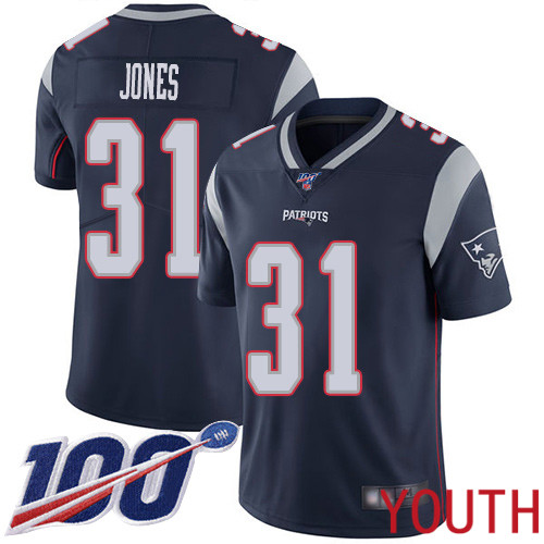 New England Patriots Football #31 100th Limited Navy Blue Youth Jonathan Jones Home NFL Jersey->youth nfl jersey->Youth Jersey